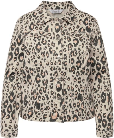 MIAMODA - Dames - Denim jas luipaard-patroon overhemdkraag lange mouwen - Donker kiezel - Maat 56