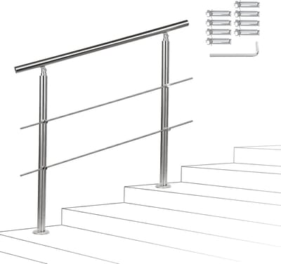 RVS Trapleuning 80 cm met 2 Dwarsbalken Binnen en Buiten Geschikt als Balustrade