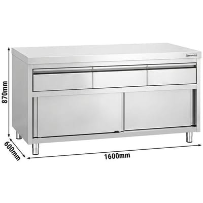 GGM Gastro Edelstahl Arbeitsschrank PREMIUM - 1600x600mm - mit 3 Schubladen & Schiebetür