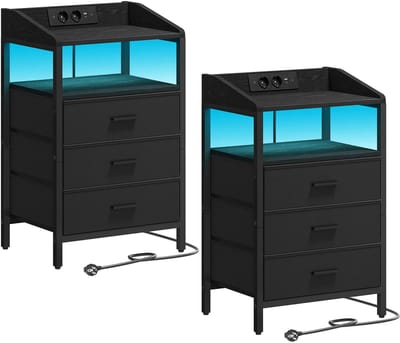 Brandistry - Nachtkastjes - Nachtkastjes set van 2 - Met LED Verlichting, USB Poorten en Stopcontacten - Zwart - 30x40x66 cm