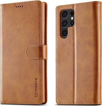 LC.IMEEKE Hoesje - Geschikt voor Samsung Galaxy S22 Ultra Hoesje - LC.IMEEKE Luxe Book Case - Bruin