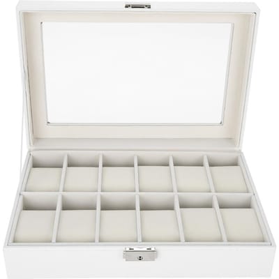 Support Montre 12 Grilles Cuir PU Boîte de Rangement Organisateur Présentoir Montre-Bracelet Bijoux white