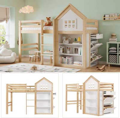 Hogeslaapbed - 90x200 Cm Wit/Naturel Met Huisvorm, 3 Opbergvakken, 3 Laden En Stevige Trap - Kinderveilig Met Reling