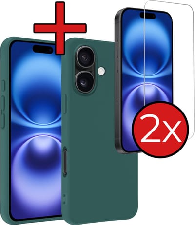 Hoesje - Met 2x Screenprotector - Geschikt voor Apple iPhone 16 - Sterk & Shockproof - Telefoon Hoes - Back Cover - Siliconen Case - Telefoonhoes - Donkergroen