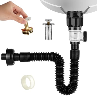 Siphon met Afvoerfitting en Afvoerpijp voor Wastafel, Geurvrij en Ruimtebesparend met Uittrekbare Flexibele Afvoerslang, 420-935mm Uitbreidbaar