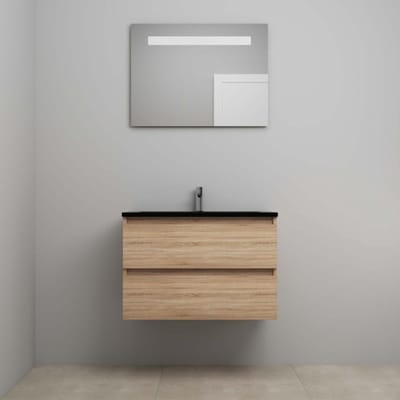 On-Line Badkamermeubelset - 80 cm - Voorgemonteerd - Ladestructuur - Acryl Wastafel - 1 Kraangat - Spiegel met LED-Verlichting - Eiken