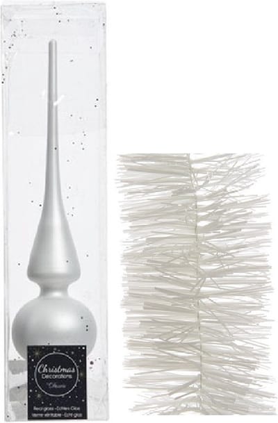 Kerstversiering glazen piek mat 26 cm en folieslingers pakket winter wit van 3x stuks - Kerstboomversiering