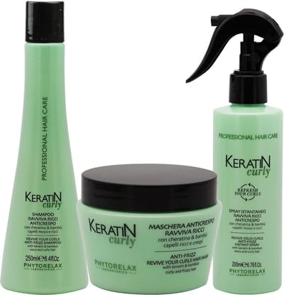 Phytorelax Krullend Haar Shampoo, Haarmasker en Anti-Frizz Spray Set – Curly met Keratine en Bamboe – Krullen Definiëren – 700 ml