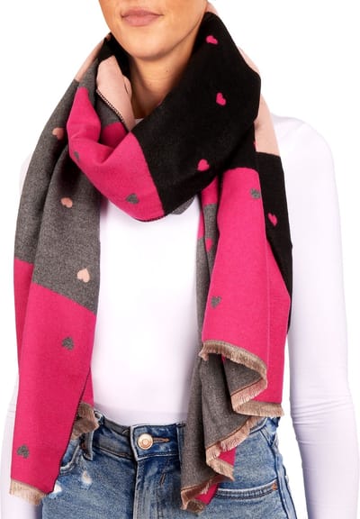 BRUBAKER Cashmirillo Damessjaal met hartpatroon, 70 x 200 cm, warm, behaaglijk en oversized, wollen sjaal , wintersjaal voor vrouwen, zacht kasjmier-gevoel, roze - Moederdag Cadeautje