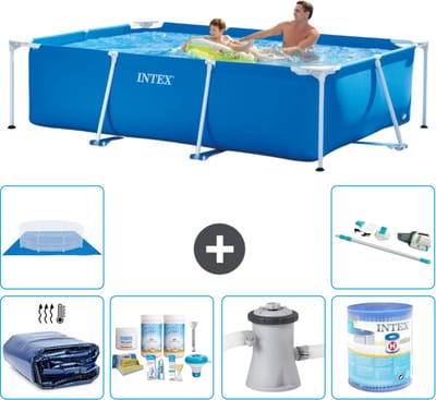 Intex Rechthoekig Frame Zwembad - 260 x 160 x 65 cm - Blauw - Inclusief Solarzeil - Onderhoudspakket - Zwembadfilterpomp - Filter - Grondzeil - Stofzuiger - 7-delig