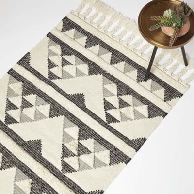 Homescapes Handgeweven Kelim Vloerkleed Kota - 90 x 150 cm, zwart-grijs-crème patroon