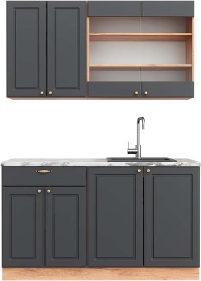 Vicco Fame-Line Eenpersoonskeuken – 140 cm, WB Marmer Antraciet Landhuis/Goud Kraft Eik
