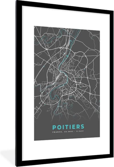 Fotolijst incl. Poster - Poitiers - Frankrijk - Plattegrond - Kaart - Stadskaart - 80x120 cm - Posterlijst