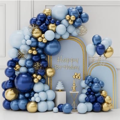 SnelShoppen - Navy Blue Gold Balloon Arch Set - 105 Stuks Metallic Blauwe, Babyblauwe en Gouden Confetti Ballonnen - Feestdecoratie voor Mannen, Verja