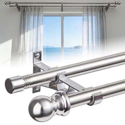 Dailygoods- Gordijnroede Zwaar Belastbaar - Verstelbaar 76-110 cm - Dubbele Gordijnstang - Geschikt voor Glazen Schuifdeur - Modern Design - Zilver - Raamstang