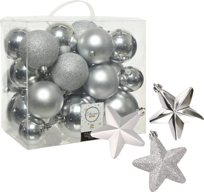 Kerstballen en sterren ornamenten - set 32x stuks - kunststof - zilver