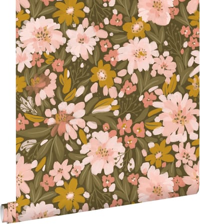 ESTAhome behang bloemen vergrijsd olijfgroen, zacht roze en okergeel - 50 x 900 cm - 130928