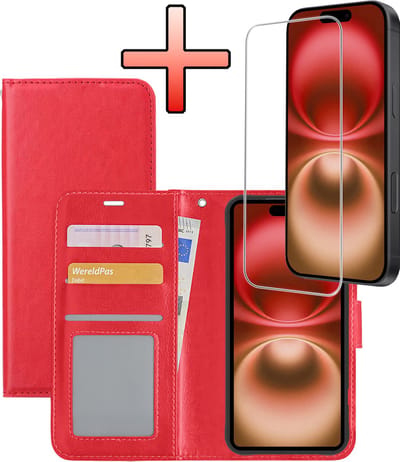 Hoesje - Met Screenprotector - Geschikt voor Apple iPhone 16 - Luxe Pasjeshouder - Bookcase Portemonee - Flip Case - Kunstleer Book Case - Flipcase - Book Cover - Walletcase - Portemonneehoes - Rood