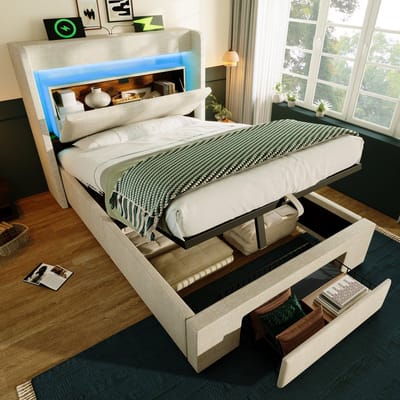 Sweiko Gestoffeerd bed - 90x200 cm - Opbergruimte - LED-verlichting - USB/Type-C - Met lades - Linnen - Beige