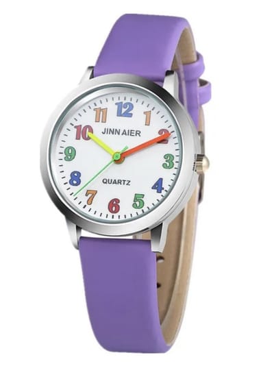 Meisjes horloge paars met gekleurde cijfers en leer bandje (12Getit)
