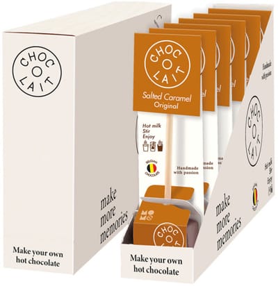 Warme chocolademelk MoMe Choc-o-lait Spoon+ Double Salted Caramel, 6 x 35 g