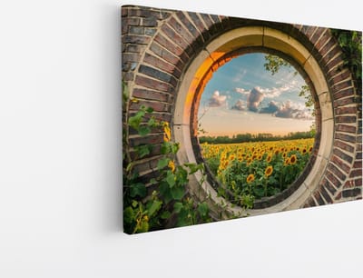 Saammp Canvas Schilderij - Zonnebloemenveld - Natuur - Doorkijk - 45x30 - Foto op canvas - Wanddecoratie - Muurdecoratie Woonkamer - Slaapkamer decoratie - Canvas Print