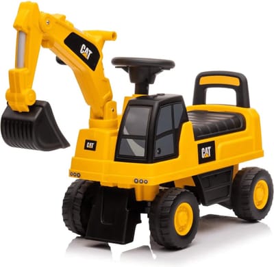 CAT Graafmachine Loopauto 1 tot 3 jaar – Officieel Gelicentieerde Loopauto met Werkende Graafarm, Toeter & Opbergvak – Buitenspeelgoed Peuter met Blokstandaard & Cadeaubox – Geel