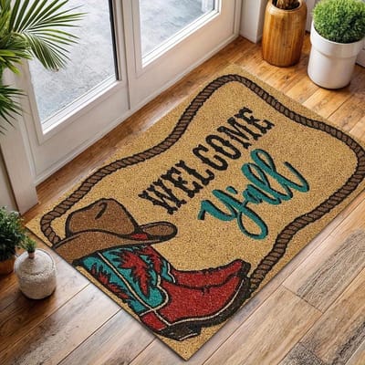 Bienvenue Y'all Paillasson Bottes de Cowboy Absorbant Tapis de Machine avec Western pour Décoration Cuisine Salon Chambre Salle de Bain Buanderie 30X50CM black
