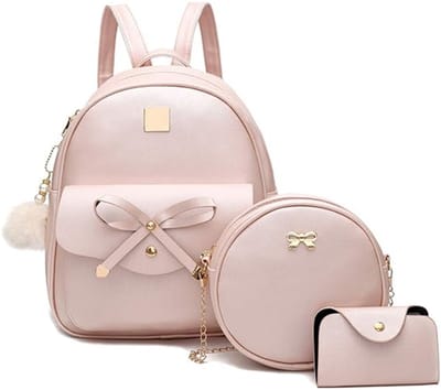 KZQ Mini rugzakset 3 stuks voor dames - PU leren tas met strikje en opbergvak voor telefoon pasjes - Cute casual daypack voor reizen feestjes en dagelijks gebruik - Roze