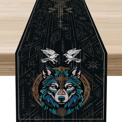 Noorse Viking Raaf Print Linnen Tafelkleed Feestdecoratie Mythologie Levensboom Dierlijke Tafelkleed Keukentafel Decor 150x33cm