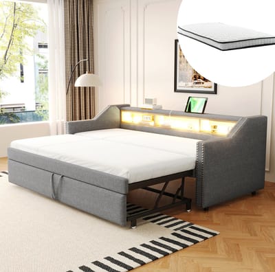 COVREO Slaapbank uitziehbaar met opbergruimte – 203,5x102x74 cm – Slaapbank met LED-verlichting en USB-aansluiting – 90/180 x 190 cm – Lichtgrijs - met matras