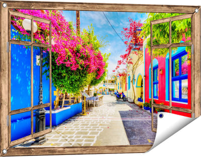 Gards Tuinposter Doorkijk Kleurrijke Straat op het Eiland Kos, Griekenland - 90x60 cm - Tuindoek - Tuindecoratie - Wanddecoratie buiten - Tuinschilderij
