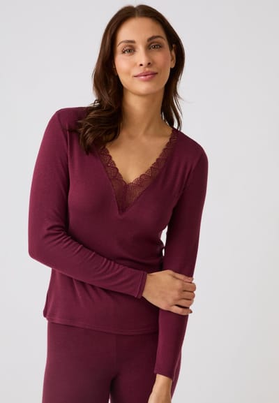 Damart - T-shirt van kant met lange mouwen Thermolactyl Sensitive - Dames - Rood - 34-36 (XS)