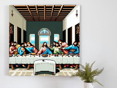 Pixel art laatste avondmaal schilderij | Digitale vertelling: Laatste avondmaal tot leven gebracht in pixels | Kunst - 100x100 centimeter op Canvas | Foto op Canvas