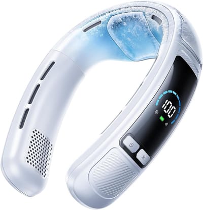 Draagbare nek-airco/ventilator met groot koeloppervlak, tot 22 uur koeltijd, 100 snelheidsstanden, 6000 mAh-accu, digitaal display – geschikt voor buitenwerk, kantoor en reizen (wit)