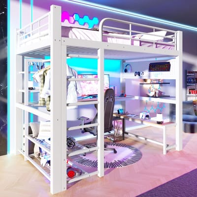 Hoogslaper 140x200 cm - Wit - Metaal - Hoogslaper Met LED-lichtstrip, Planken, Hoogslaper Met Houten Bureau & Wasrek - Tienerhoogslaper - Kinderhoogslaper - Zonder Matras - Ruimtebesparend