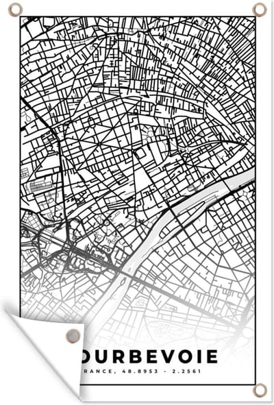 Muurdecoratie Kaart - Stadskaart - Frankrijk - Courbevoie - Plattegrond - Zwart wit - 120x180 cm - Tuinposter - Tuindoek
