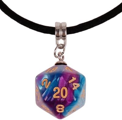 Veterketting Zwart Fluweel - Zilverkleurige Sluiting - 45cm - Hanger DnD D20 dobbelsteen paars/blauw 2,5cm