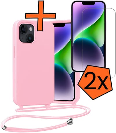 Hoesje Geschikt voor iPhone 13 Mini Hoes Met Telefoonketting Met 2x Screenprotector - Backcover Geschikt voor iPhone 13 Mini Case Met Koord - Lichtroze