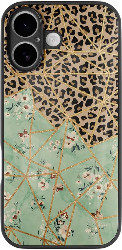 Hoesje geschikt voor iPhone 16 - Luipaard bloemen print - Luxe Glazen Hardcase - Hippe print - Multi - Leuke Telefoonhoesjes