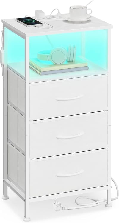 Furnstar Nachtkastje met Oplaadstation – Bijzettafel met Verstelbare LED Verlichting (App gestuurd) – 1 Open Vak & 2 Laden – Voor Slaapkamer – Wolkenwit / Sneeuwwit