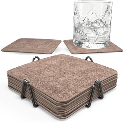 Castagnola Kunstlederen Onderzetters – Onderzetters voor Glazen – Design Onderzetters met Houder – Leren Onderzettersset met metalen houder – Leder – Set van 10 - Gemêleerd Bruin - 10x10cm