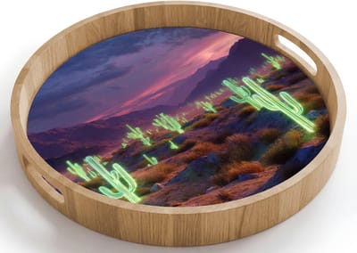 Dienblad rond 40x40 cm - Schootdienblad hout - Neon cactussen - Woestijn - Zonsondergang - Borrelplank rechthoek - Plateau houten dienbladen