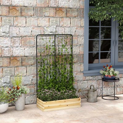 MODFU - Verhoogde Plantenbak Met Klimrek - Tuin En Balkon - Vurenhout En Gelakt Staal - Naturel Hout - 80 X 38 X 145 Cm