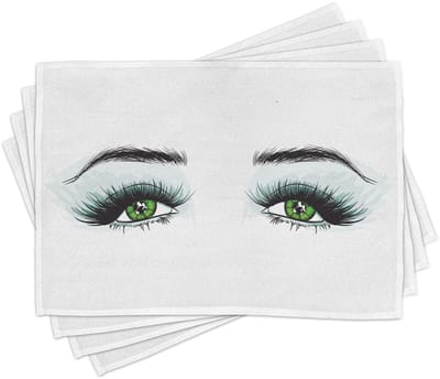 ABAKUHAUS Wenkbrauw-placematten, make-up, wimpers en oogkunst – tafeldecoratie van kleurvaste stoffen voor eetkamer en keuken, grijs en lichtgroen