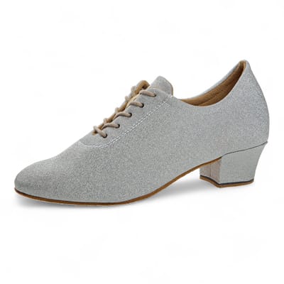 Diamant Trainer Dansschoenen 199 - 034 - 002 - Zilver Brokat - Comfort Voetbed - Normaal Breedte - 3,7cm Cuban Hak - Suède buitenzool - Extra stabiliteit - Ademende voering - 5 - gaats vetersluiting - Trainingen, Latin - Diamant - Zilver - 33.5