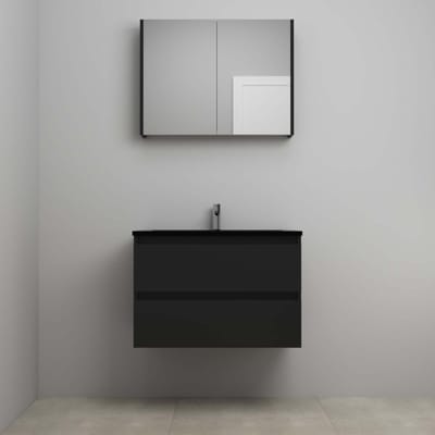 On-Line Badkamermeubelset - 80 cm - Voorgemonteerd - Ladestructuur - Acryl Wastafel - 1 Kraangat - Spiegelkast - Mat Zwart