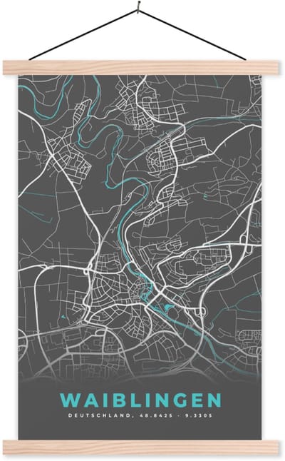 Posterhanger incl. Poster 60x90 cm - Schoolplaat - Duitsland – Blauw – Waiblingen – Stadskaart – Kaart – Plattegrond - Textielposter - Blanke latten - Stadskaart