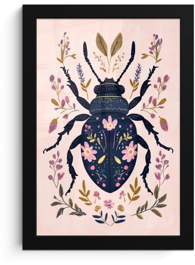 Poster in lijst - Fotolijst 20x30 cm - Posters - Donkerblauw - Kever - Bloemtakken - Sierlijk - Posterlijst zwart - Decoratie - Wanddecoratie woonkamer - Muurdecoratie slaapkamer