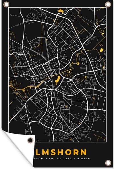Muurdecoratie Duitsland – Black and Gold – Elmshorn – Stadskaart – Kaart – Plattegrond - 120x180 cm - Tuinposter - Tuindoek